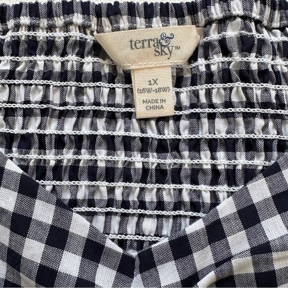 Terra & Sky Top Navy White Gingham Cotton Smocked Short Puff Sleeve Plus 1X NEW - Picture 3 of 12